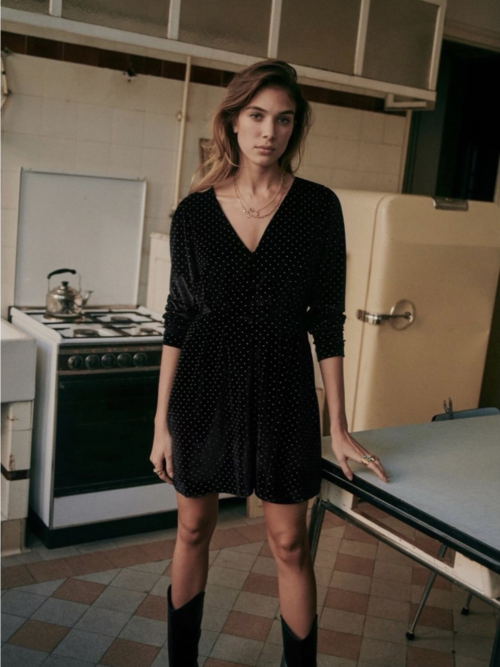 Sezane Black Polka Dot V-Neck Wrap Dress
